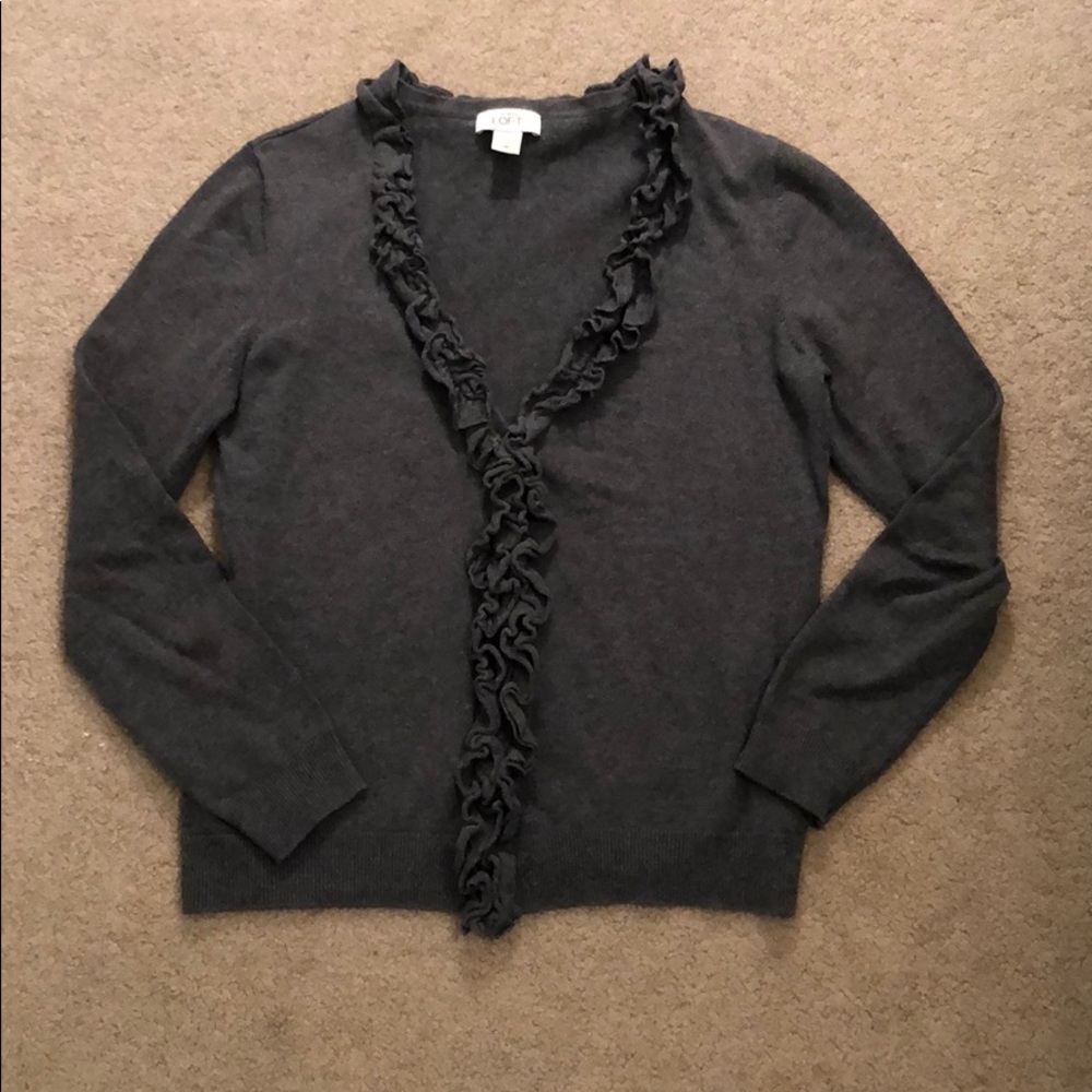 Ann Taylor LOFT Grey Ruffled Cardigan